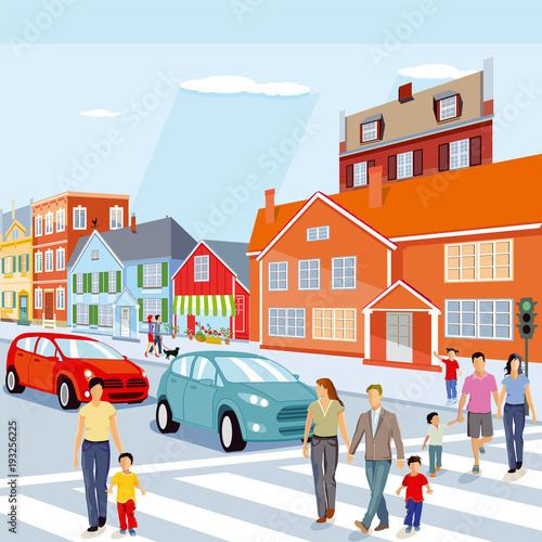 Stadt mit Fußgängerüberweg und Autos, Illustration