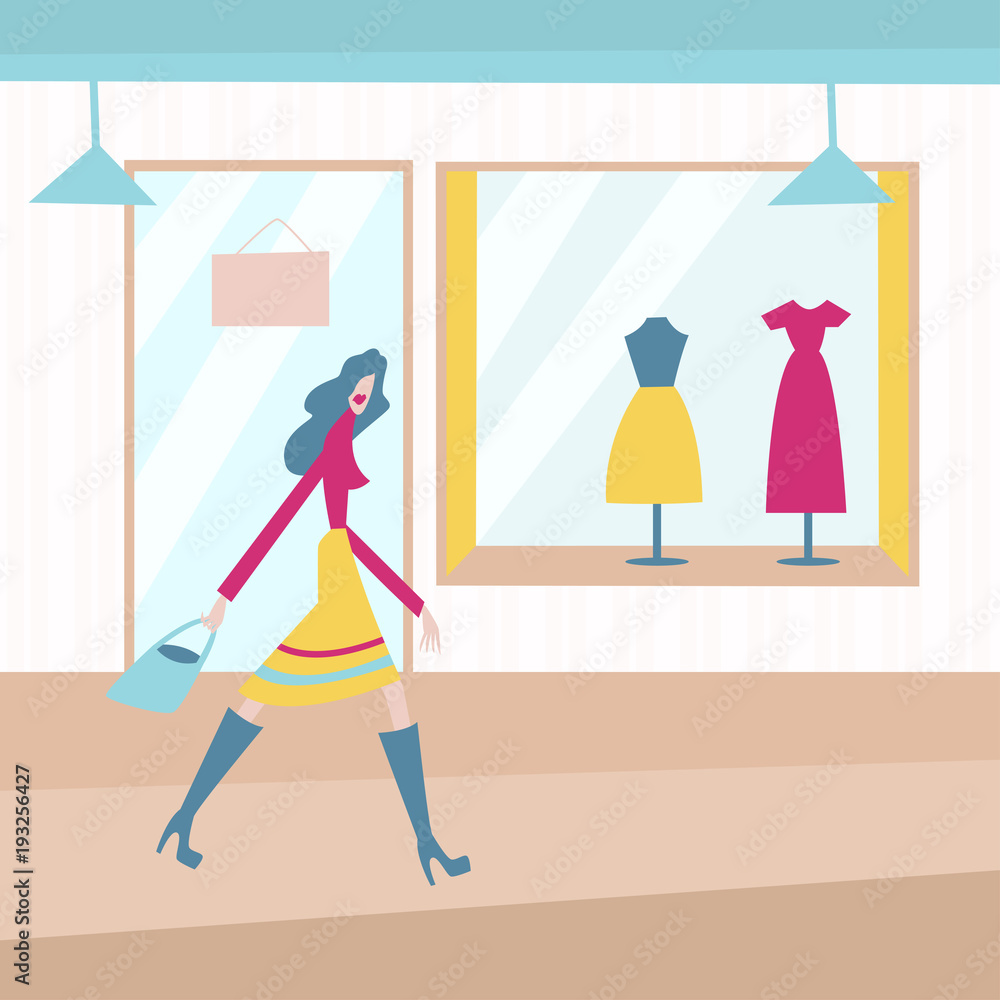 Young woman walk in the fashion clothes store. Flat vector illustration.