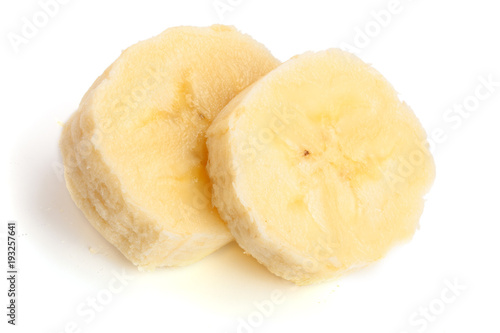 Banana slices isolated on a white background, top view