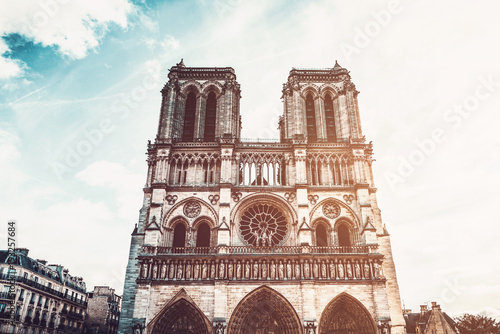 Notre-Dame Cathedral against sun, Paris, France