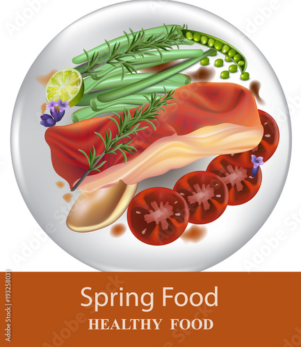 Healthy dinner plate salmon and vegetables Vector realistics