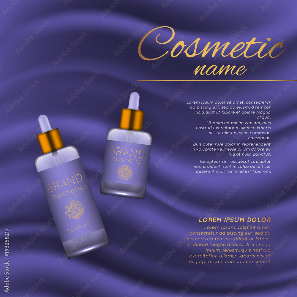 Vector 3D cosmetic illustration on a soft silk background. Beauty realistic cosmetic product design template. Vector 3D cosmetic illustration on a soft silk background. Beauty realistic cosmetic product design template.