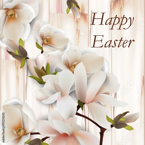 Hello spring card with magnolia flowers. Vintage Vector realistic backgrounds
