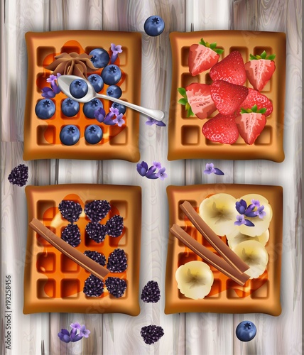 Healthy breakfast toasts with fruits Vector realistic