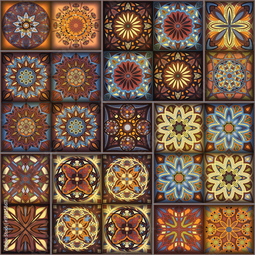 Seamless pattern with decorative mandalas. Vintage mandala elements. Colorful patchwork.