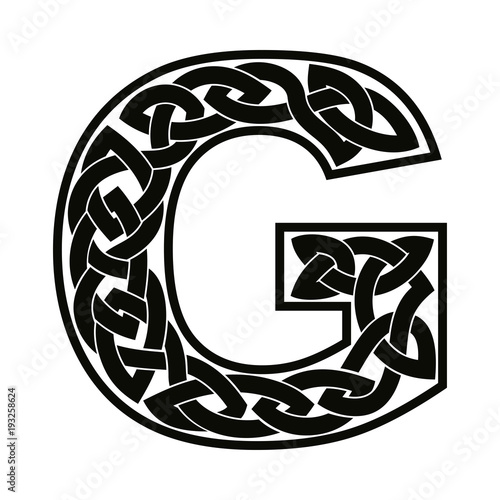 Letter of the English alphabet with Celtic national ornament as interlaced ribbon isolated on white background.