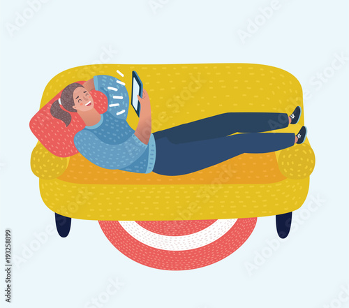 Cartoon funny illustration of girl with tablet lies down on falls on the sofa. 