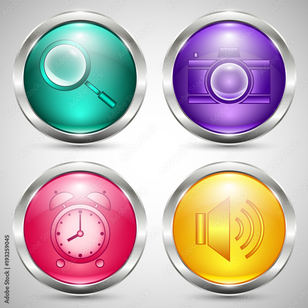 Set of colored glass buttons in metal frame with communication icons on grey background Set of colored glass buttons in metal frame with communication icons on grey background