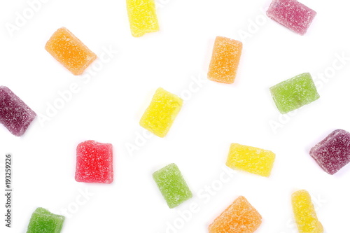 Colorful jelly sugar candies isolated on white background, top view