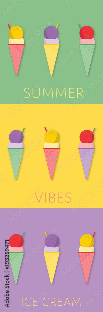 Summertime. Good vibes with ice cream in different color tones. Text : Summer Vibes Ice Cream