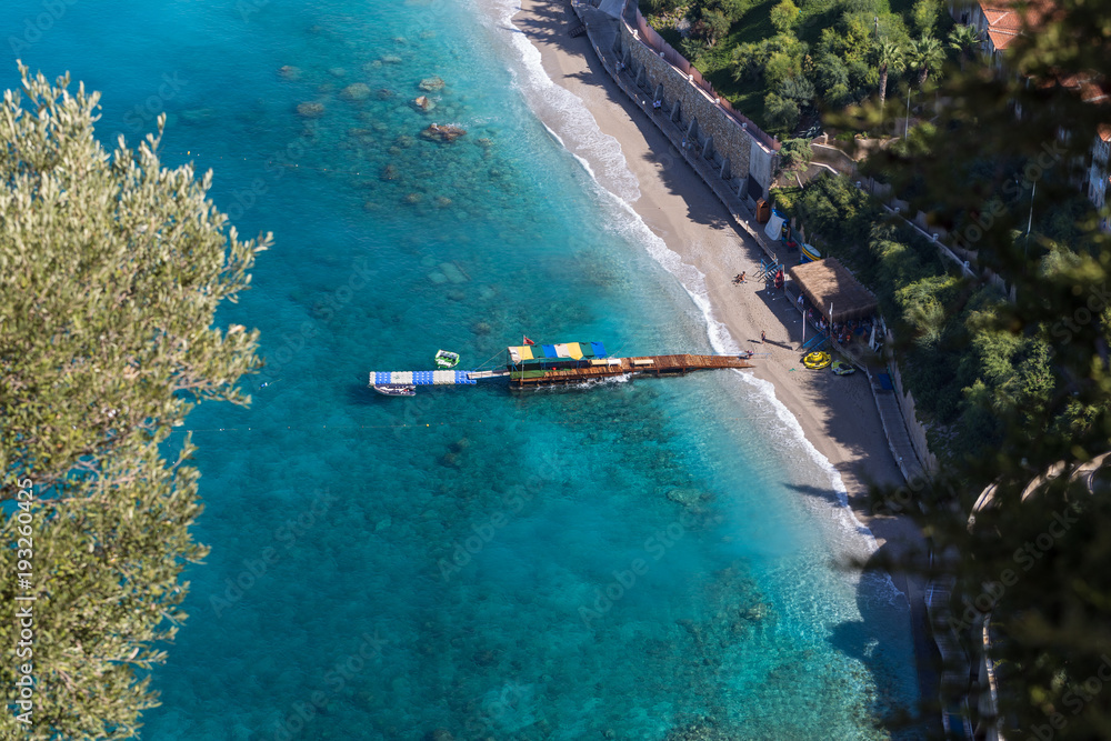 Birds Eye View of a Dock on Turquoise Sea