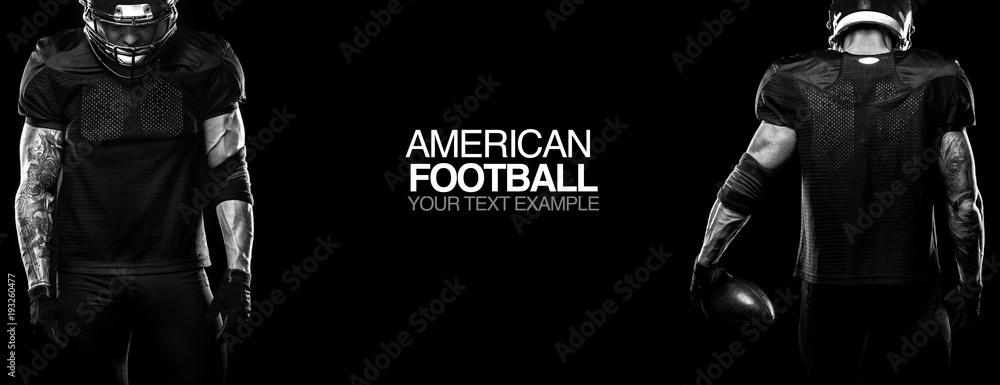 Sport concept. American football sportsman player on black background with copy space. Sport concept.