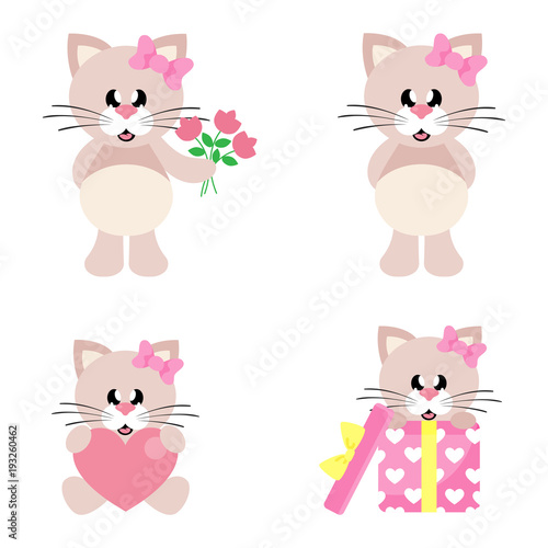 cartoon cute cat girl with bow set