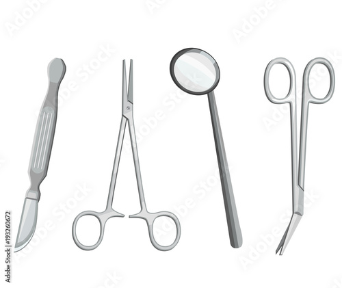 Vector medical tools set on white background, scalpel, scissors, forceps, dentist mirror,
surgical equipment 