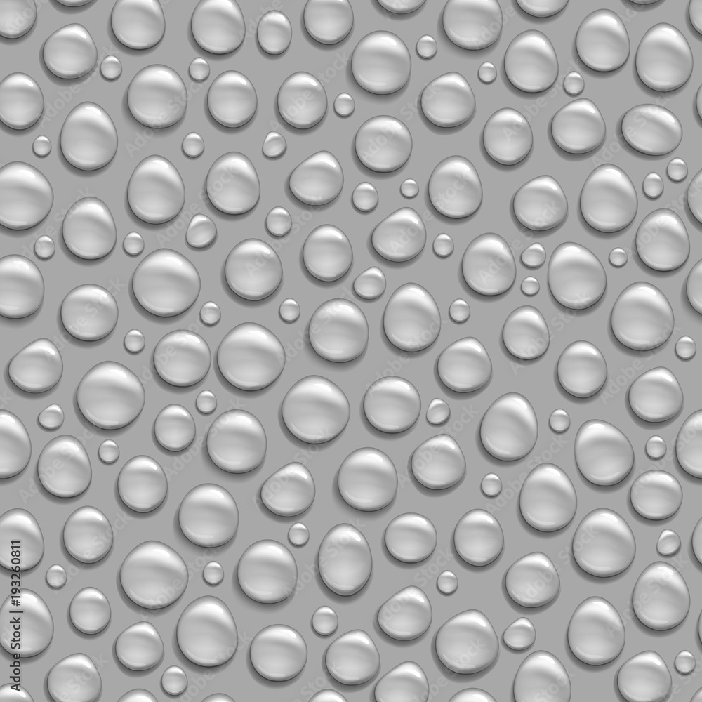 Vector realistic transparent water drops on grey background seamless pattern endless texture Vector realistic transparent water drops on grey background seamless pattern endless texture