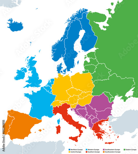 Regions of Europe, political map, with single countries. Northern, Western, Southeastern, Eastern, Central, Southern and Southwestern Europe in different colors. English labeling. Illustration. Vector