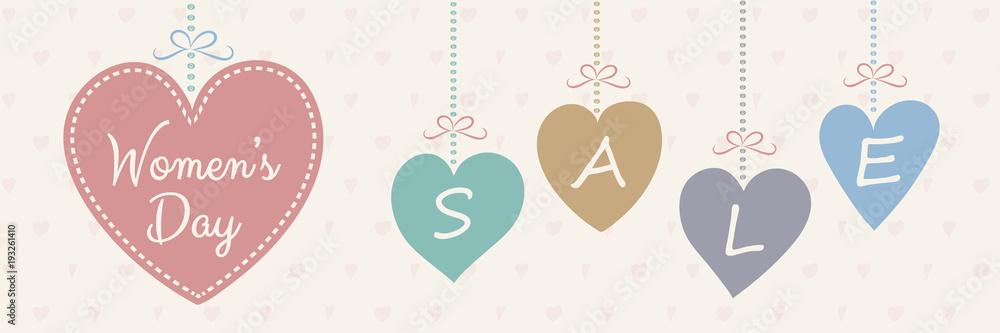 Concept of a banner with cute hearts for Women's Day Sale. Vector.