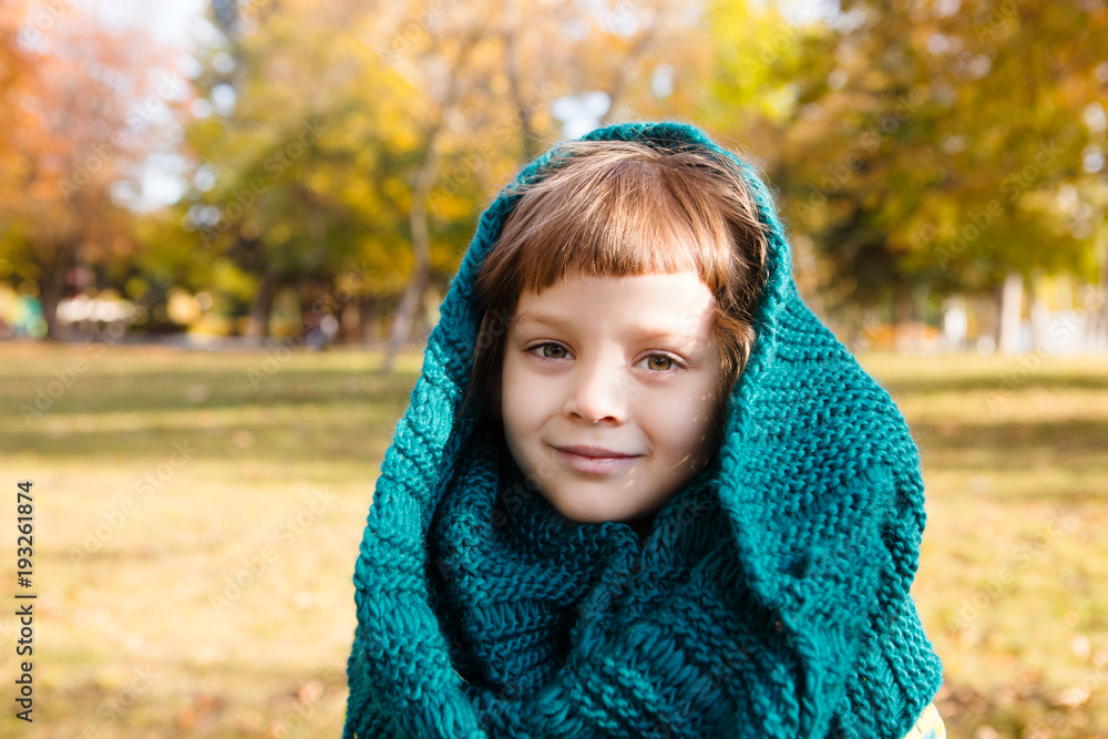 portrait adorable little girl in a scarf with autumn leaves in the autumn park portrait adorable little girl in a scarf with autumn leaves in the autumn park