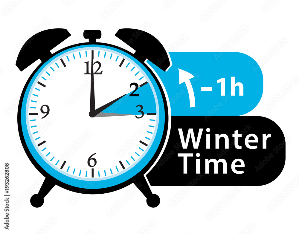 Winter time. Daylight saving time. Fall back alarm clock icon. Stock