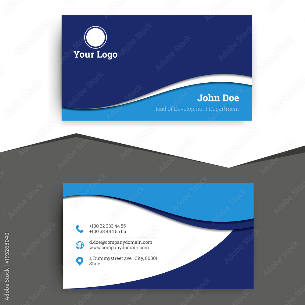 Blue stylish wavy business card vector template for corporate identity