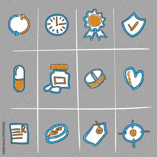 Hand drawn sketched vector medical icons or doodles. Blue and orange colors