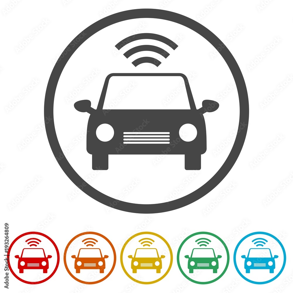 The Connected Car. Smart car icon with wireless connectivity symbol, 6 Colors Included