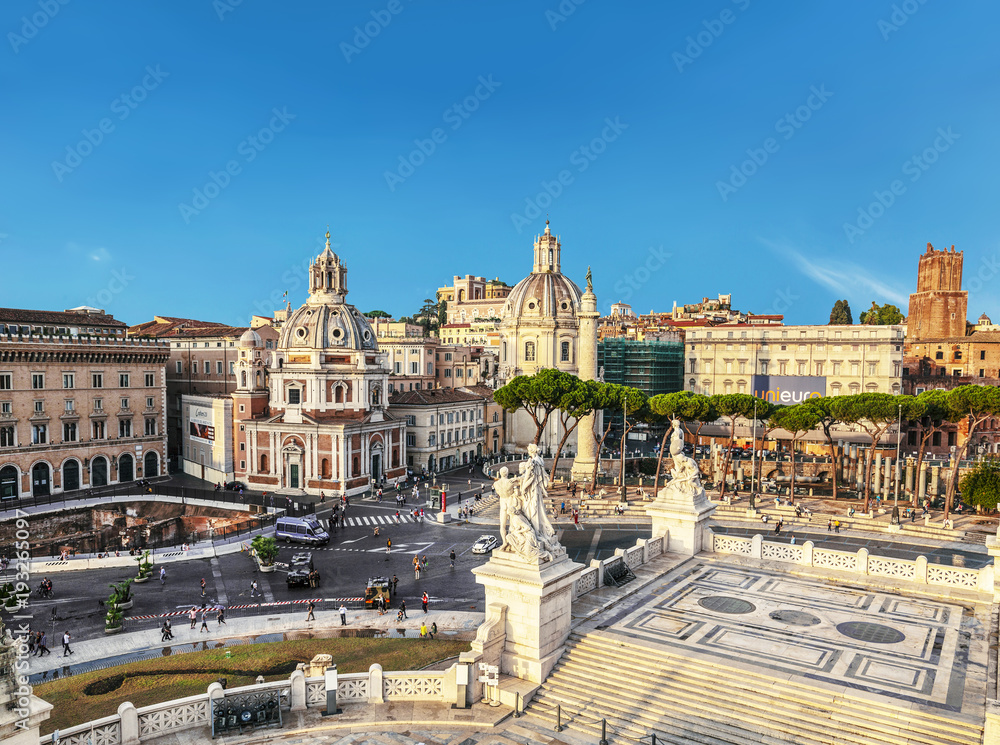View of Piazza Venezia (Piazza Venezia) with the Abbey of Santa Maria Di Loreto, from the observation deck of the Palazzo Vittoriano, Rome, Italy