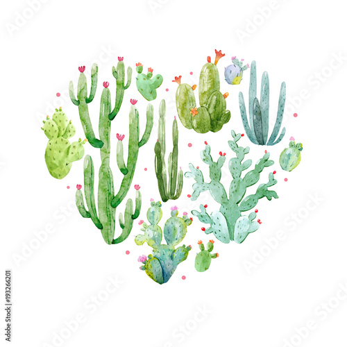 Watercolor cactus heart vector composition