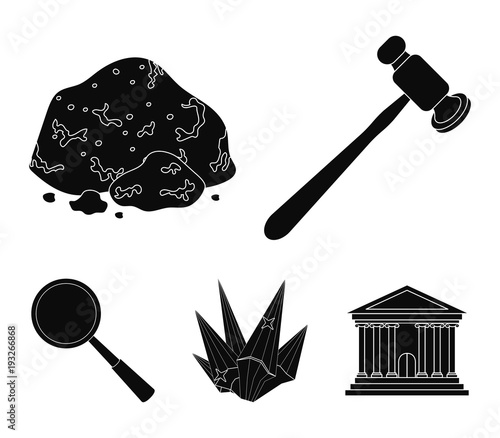 A jeweler's hammer, a magnifier, a copper ore, a crystal. Precious minerals and a jeweler set collection icons in black style vector symbol stock illustration web.