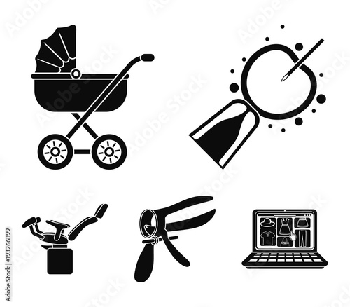 Artificial insemination, baby carriage, instrument, gynecological chair. Pregnancy set collection icons in black style vector symbol stock illustration web.