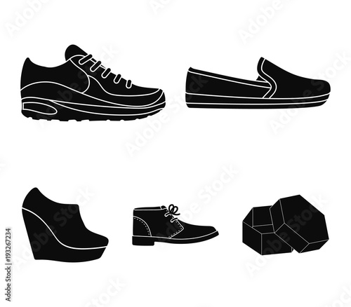 Macadoles on the sole, sneakers with laces, men's shoes at the outfits, women's low shoes on a high platform. Shoes set collection icons in black style vector symbol stock illustration web.