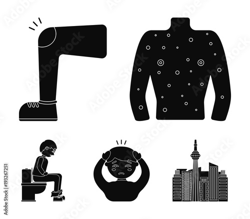 The human body is covered with ulcers, boils, a red rash, a knee of a man with a bruise, a patient with a headache and asterisks, a person sitting on the toilet with stomach disease. Sick set