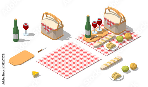 Isometric low poly picnic food set. Vector illustration