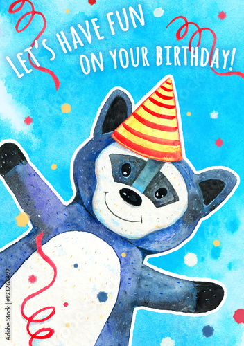 Birthday card with racoon toy for children - hand drawn watercolor