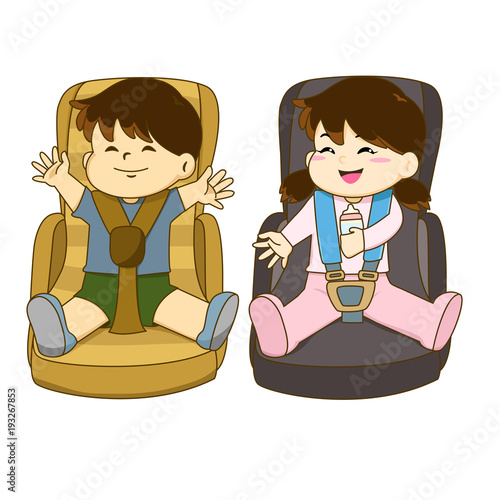 Vector of boy and girl sitting on car seat wearing seat belt