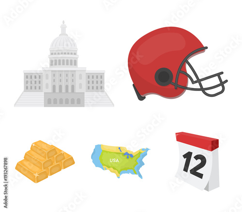 Football player's helmet, capitol, territory map, gold and foreign exchange. USA Acountry set collection icons in cartoon style vector symbol stock illustration web. photo
