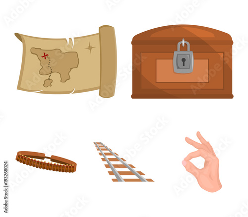 Treasure map, chest, rails, patrol.Wild west set collection icons in cartoon style vector symbol stock illustration web.