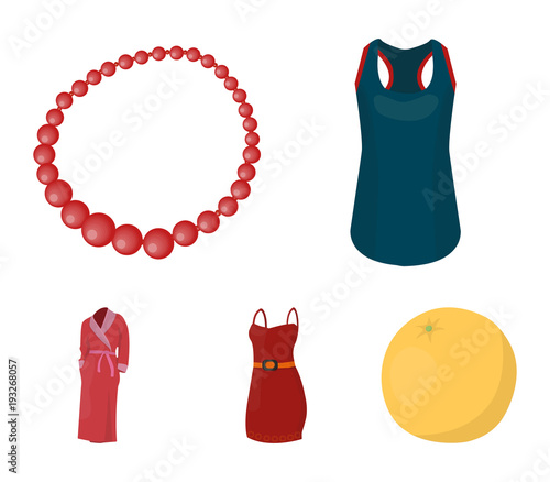 T-shirt, beads, summer women's sarafan on straps with a belt, a home gown. Women's clothing set collection icons in cartoon style vector symbol stock illustration web.