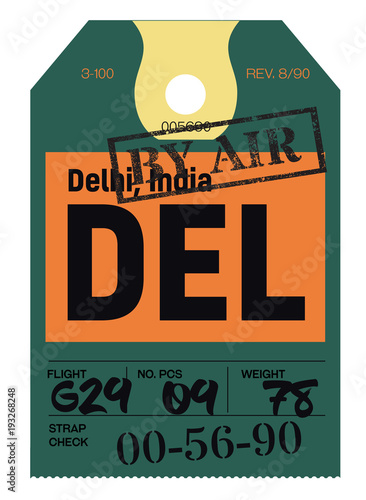 Delhi airport luggage tag. Realistic looking tag with stamp and information written by hand. Design element for creative professionals.