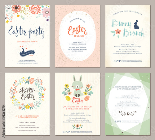 Vector Easter Party Invitations and Greeting Cards with eggs, flowers, floral wreath, rabbit and typographic design on the textured background.