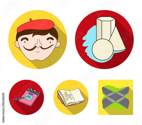 Geometric still life, a self-portrait of the artist, a notebook with drawings, a box of colored pencils.Artist and drawing set collection icons in flat style vector symbol stock illustration web.