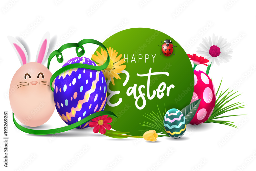 Happy easter image vector. Modern happy Easter background with colorful eggs, bunny, rubbit, and spring flower. Template Easter greeting card, vector. 