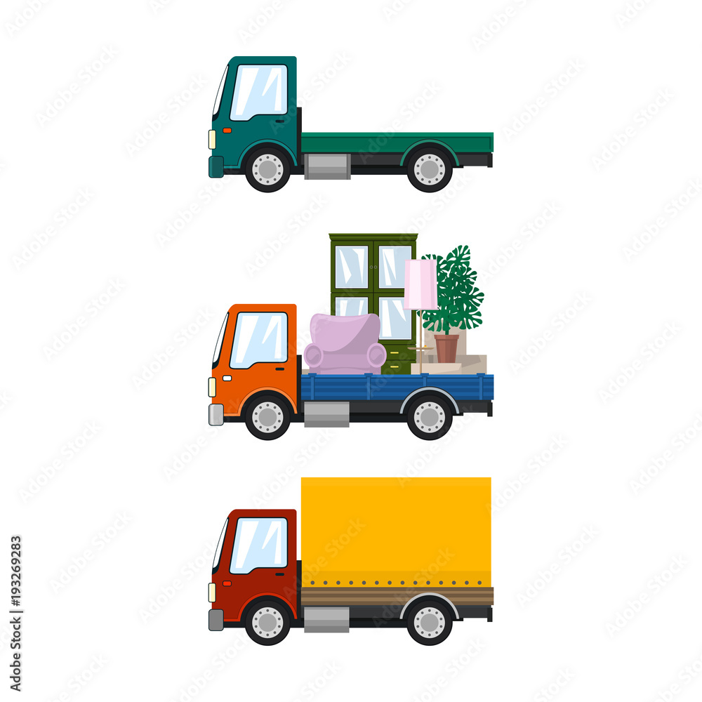 Naklejka premium Set of Cargo Trucks Isolated, Green Lorry without Load, Car with Furniture, Small Closed Truck, Transport and Logistics, Delivery Services, Vector Illustration