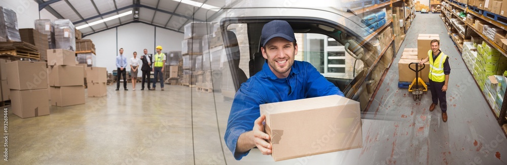 Composite image of delivery driver offering parcel from his van Composite image of delivery driver offering parcel from his van