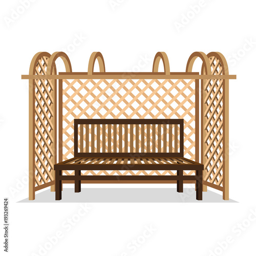 Wooden bench with pergola on white background.