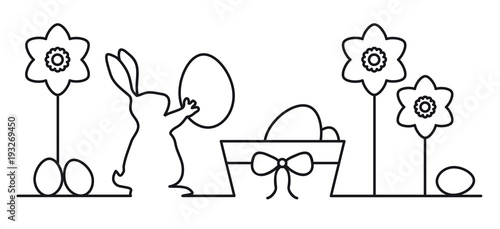 Ostergruß - Osterhase legt Eier in das Osternest. Continuous line drawing