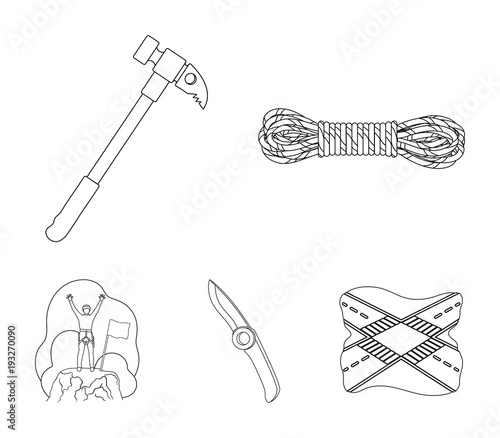 Climber on conquered top, coil of rope, knife, hammer.Mountaineering set collection icons in outline style vector symbol stock illustration web.