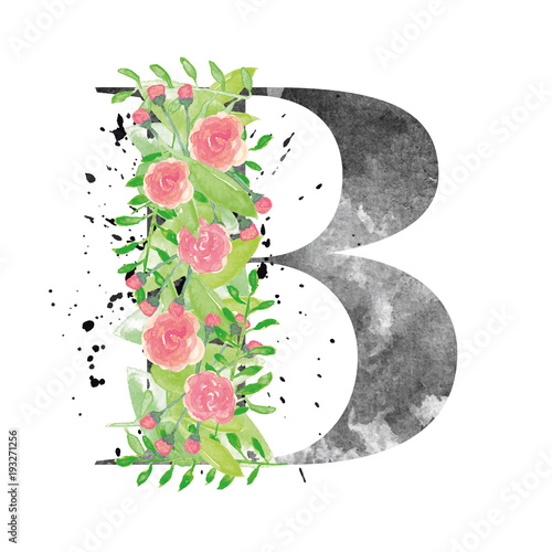 B letter made with watercolor flowers and leaves