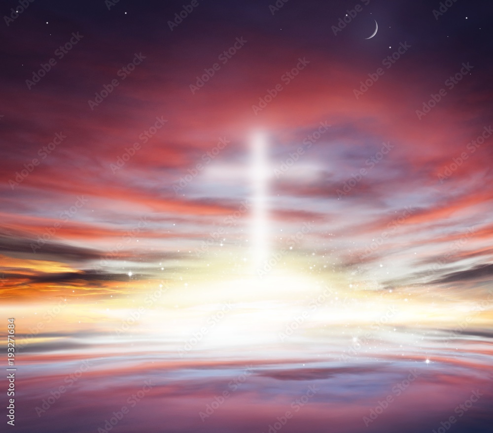  Beautiful heavenly landscape with the sun in the clouds.  moon and stars . Glowing cross in sky . Sunset and sunrise in the sky .   Light from sky . Religion background .     