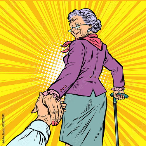 follow me Mature woman Granny leads hand